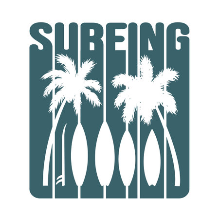 Colored surfing print of two summer hawaii beach palm tree and surfingboard. Vector illustration of summer t-shirt designのイラスト素材