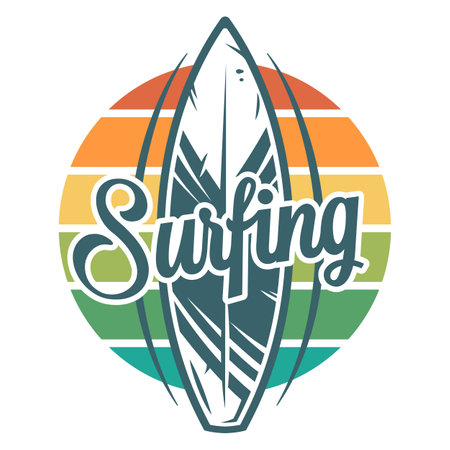 Colored surfing summer t-shirt print of surfboard. Vector illustration of board for hawaii designのイラスト素材