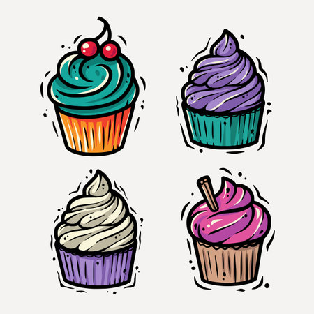 Cupcake illustration, colored cream cake muffin birthday dessertのイラスト素材