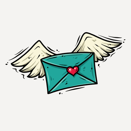 Letter with wings and heart. Valentines Day love holiday. Colored vector illustrationのイラスト素材