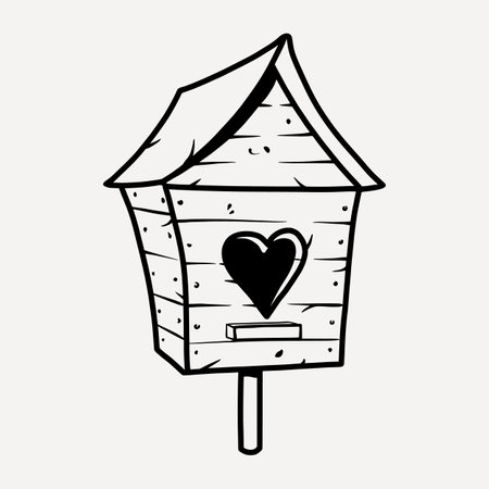 Wooden birdhouse with heart for birds. Outline vector Valentines Day illustrationのイラスト素材