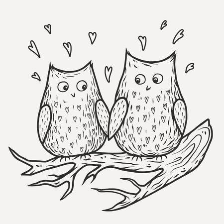 Lovers owl on branch with hearts for the Valentines Day cards. Outline vector illustration t-shirt printのイラスト素材