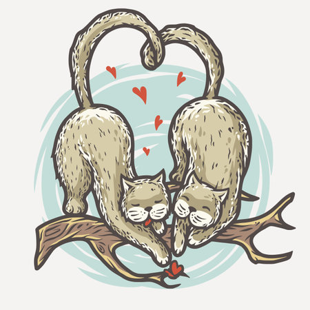 Lovers cute cats on branch for the Valentines Day love cards. Colored vector illustrationのイラスト素材