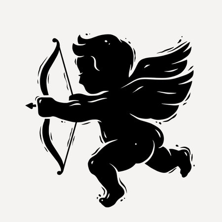 Silhouette flying baby cupid angel with bow and wings for the Valentines love dayのイラスト素材