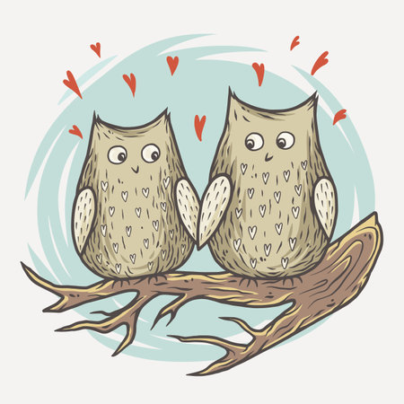 Lovers owl on branch with hearts for the Valentines Day cards.のイラスト素材