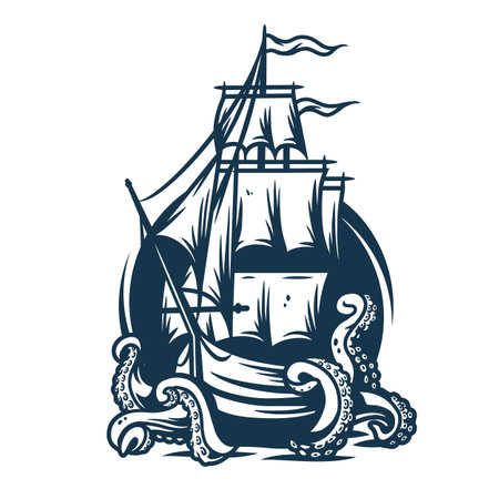Marine nautical sea ship and kraken, wanderlustのイラスト素材