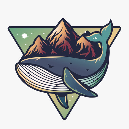 Marine whale and mountain. Nautical and wanderlustのイラスト素材