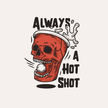 Beer pong game. T-shirt print with beer cup skull and flying ball with foam splash. Design of alcohol sport with throw and drink. College challenge with boozeのイラスト素材
