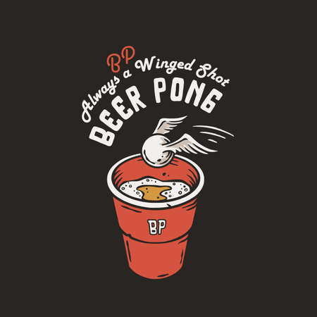 Beer pong game. T-shirt print with beer cup and flying ball with wings. Alcohol sport with throw and drink. College challenge with boozeのイラスト素材
