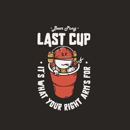 Beer pong game. T-shirt print with beer pong ball man sits on the cup with beer helmet. Alcohol sport design for bar with throw and drink, boozeのイラスト素材