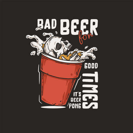 Beer pong game. T-shirt print with beer cup with skeleton skull, flying ball and foam splash. Design of alcohol sport with throw and drink. College challenge with boozeのイラスト素材
