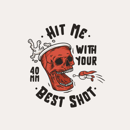 Beer pong game. T-shirt print with beer cup skull and flying ball man with foam splash. Design of alcohol sport with throw and drink. College challenge with boozeのイラスト素材