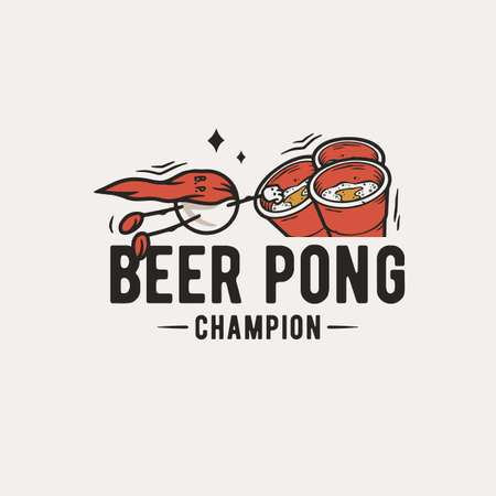 Beer pong game. T-shirt print with beer flying ball man for design competition or tournament in bar. Alcohol sport with throw and drink. College challenge with boozeのイラスト素材