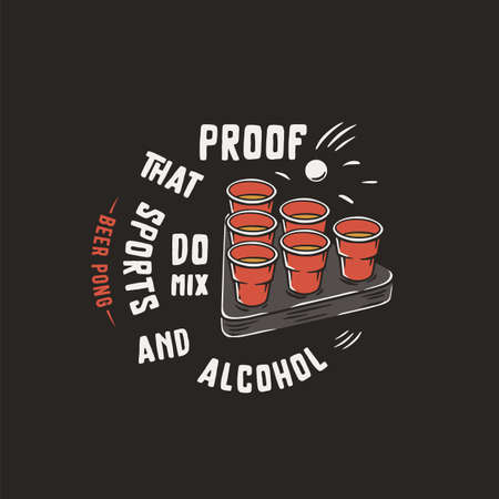 Beer pong game. T-shirt print with beer cups and flying ball for design competition or tournament in bar. Alcohol sport with throw and drink. College challenge with boozeのイラスト素材