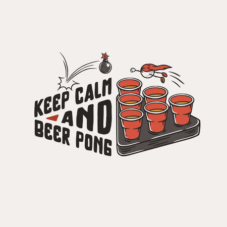 Beer pong game. T-shirt print with beer cups and flying ball man and bomb bang for design competition or tournament in bar. Alcohol sport with throw and drink. College challenge with boozeのイラスト素材
