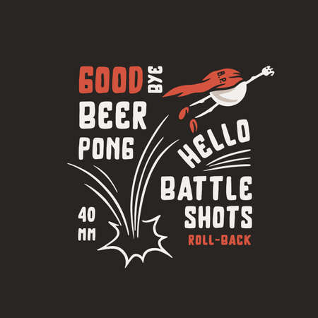 Beer pong game. T-shirt print with beer flying ball man for design competition or tournament in bar. Alcohol sport with throw and drink. College challenge with boozeのイラスト素材