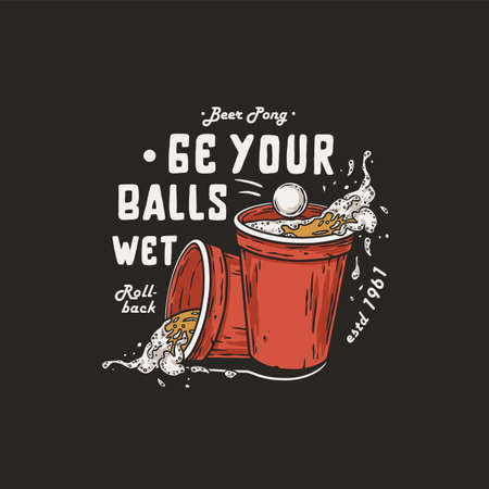 Beer pong game. T-shirt print with beer cups and flying ball for design competition or tournament in bar. Alcohol sport with throw and drink. College challenge with boozeのイラスト素材