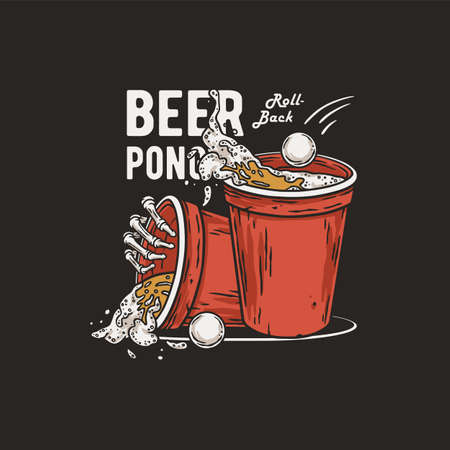 Beer pong game. T-shirt print with beer cups and flying ball and skeleton hand for design competition or tournament in bar. Alcohol sport with throw and drink. College challenge with boozeのイラスト素材