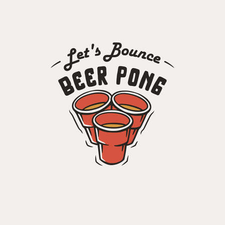 Beer pong game. T-shirt print with beer cups for design competition or tournament in bar. Alcohol sport with throw and drink. College challenge with boozeのイラスト素材