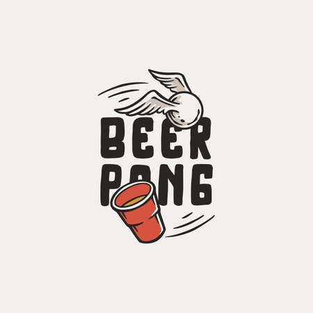 Beer pong game. T-shirt print with beer cup and flying ball with wings. Alcohol sport with throw and drink. College challenge with boozeのイラスト素材