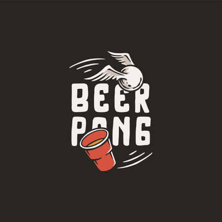 Beer pong game. T-shirt print with beer cup and flying ball with wings. Alcohol sport with throw and drink. College challenge with boozeのイラスト素材