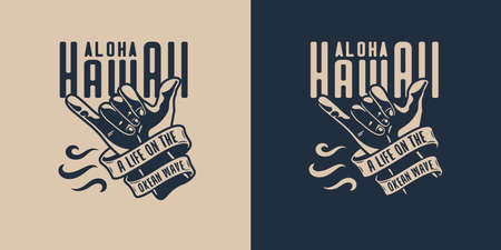 Shaka gesture. Hand that shows surfer hawaii surfing gesture. Summer t shirt print for tropical, oceanic beachのイラスト素材