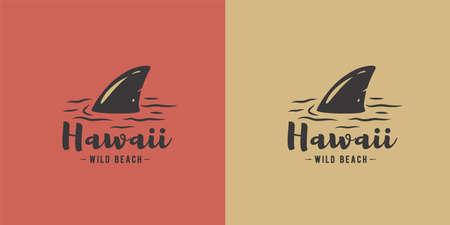 Surfing print of shark fin and surf board on waves. Vector illustration hawaii summer t-shirt designのイラスト素材