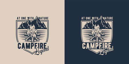 Camp campfire and mountain for camping. Burning bonfire with a large flame and sparks for explore and adventure in forest hikingのイラスト素材