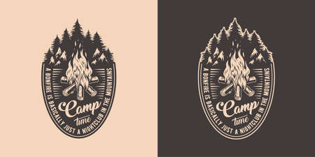 Camp campfire and forest for camping. Burning bonfire with a large flame and sparks for explore and adventure in forest hikingのイラスト素材