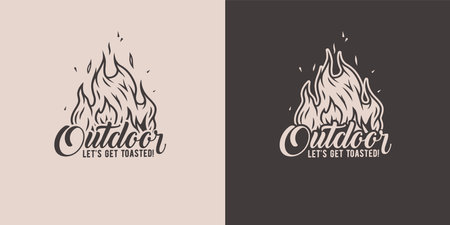 Camp campfire for camping. Burning bonfire with a large flame and sparks for explore and adventure in forest hikingのイラスト素材