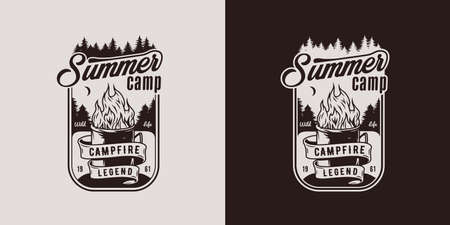 Camping design with flame in mug for coffee drinker outdoors. Adventure, wanderlust or explore in summer campのイラスト素材