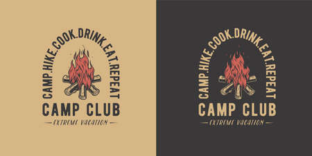 Bonfire for camping. Campfire burning bonfire with a large flame for camp club or explore and adventure in forest hikingのイラスト素材