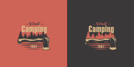Ax and forest for camping and outdoor travel expedition. Camp outdoor adventure or hikingのイラスト素材