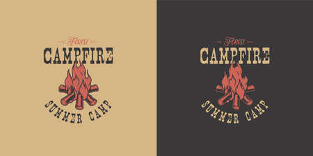 Camp bonfire with a large flame and sparks for explore and adventure in forest hiking. Burning campfire for camping.のイラスト素材