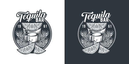 Tequila shot with lime and leaves for cocktail barのイラスト素材