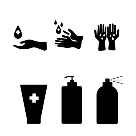silhouette of hygienic and sanitation icon set. included the icon as hand, washing, clean, Tube hand wash, Bottle hand washing liquid, Spray hand wash.のイラスト素材