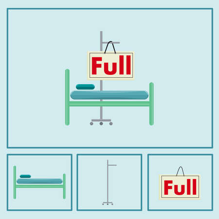 Symbol of a full bed hospital. Consists of the bed of the patient, a hanging brine rack and a sign showing the message "Full". Vector flat design icon. Color tone.のイラスト素材