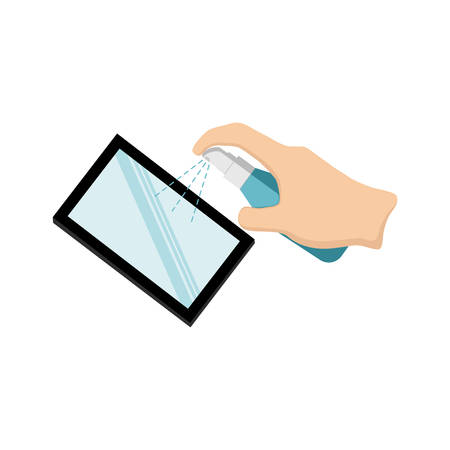 Use a spray to clean the smartphone screen, Prevention infection and bacteria. Flat design vector.のイラスト素材