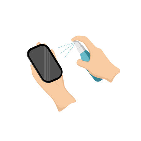 Use a spray to clean the smartphone screen in hands, Prevention infection and bacteria. Flat design vector.のイラスト素材