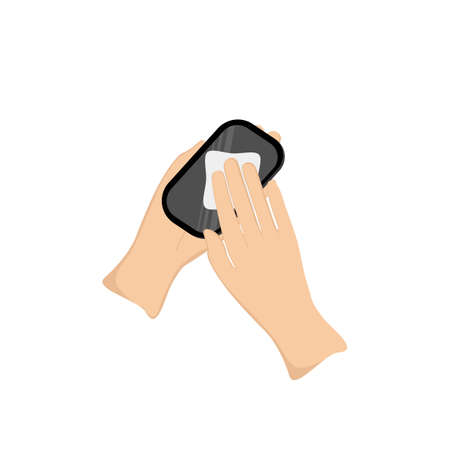 Wiping the smartphone screen clean with an alcohol-based cloth to prevent infection of the covid-19 virus. Flat design vector.のイラスト素材