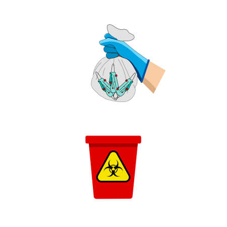 Hands are wearing gloves and carrying a garbage bag containing a virus-infected mask above the red bin that has the symbol of an infected waste.  How to dispose of surgical masks correctly. Flat Design vector.のイラスト素材