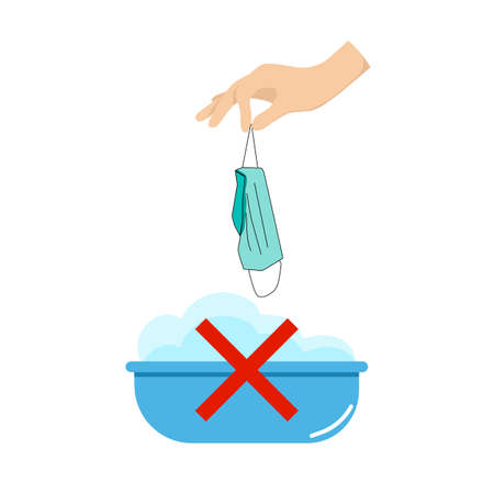The right hand holds a mask on the washing basin. Do not reused surgical mask. Flat design vector.のイラスト素材