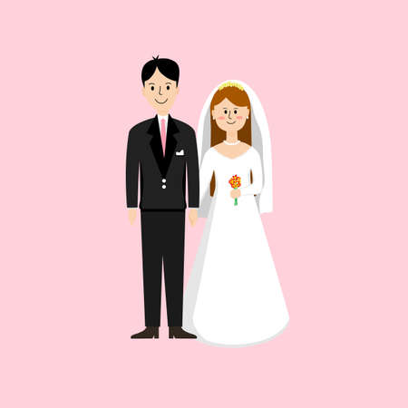 The bride held the groom's hand and held a bouquet of flowers on pink background. Flat design vector.のイラスト素材