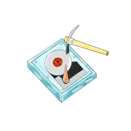 Illustration of a hard disk dug with a Mattock on isolate white background. Concept digging crypto...