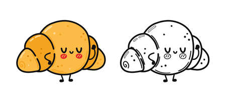 Funny cute happy croissant characters bundle set. Vector kawaii line cartoon style illustration. Cute croissant mascot character, outline cartoon illustration for coloring bookのイラスト素材