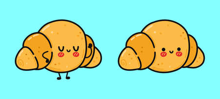 Funny cute happy croissant characters bundle set. Vector kawaii line cartoon style illustration. Cute croissant mascot collectionのイラスト素材
