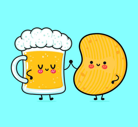 Beer and Chips Vector icon Cartoon illustration. Funny cartoon glass of beer and chips mascot character conceptのイラスト素材