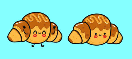 Funny cute happy croissant characters bundle set. Vector kawaii line cartoon style illustration. Cute croissant mascot collectionのイラスト素材