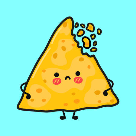 Cute sad nachos character. Vector hand drawn cartoon kawaii character illustration icon. Isolated on Blue background. Nachos character conceptのイラスト素材