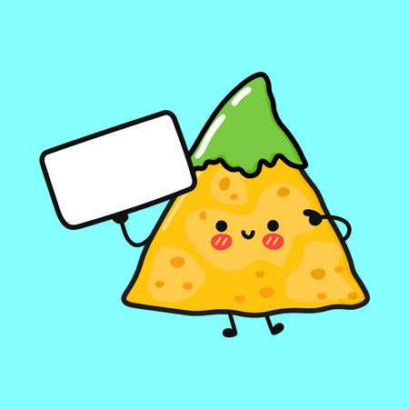 Cute funny nachos with poster. Vector hand drawn cartoon kawaii illustration icon. Isolated on blue background. Nachos think conceptのイラスト素材